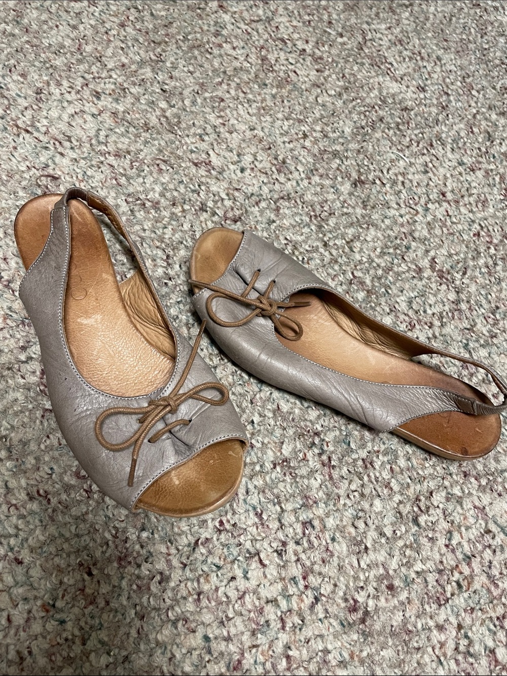 Bueno grey leather bow tie open toe sling back flat sandals